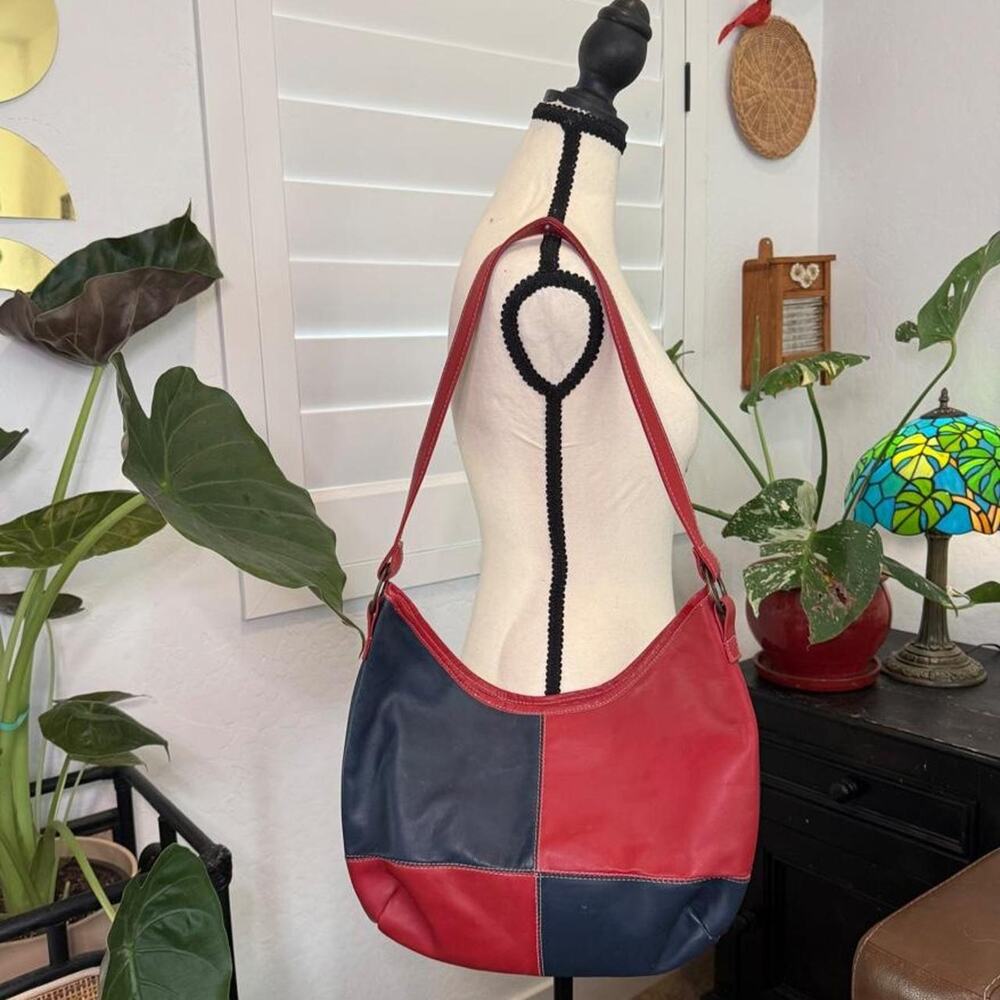 Vintage Y2K Artisan Genuine Leather Red Navy Patchwork Shoulder Hobo Bag